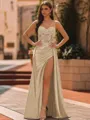 Elegant Sheath Spaghetti Straps Appliques Lace Sweep Train Silk Like Satin Corset Prom Dress