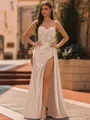Elegant Sheath Spaghetti Straps Appliques Lace Sweep Train Silk Like Satin Corset Prom Dress