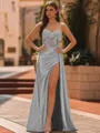 Elegant Sheath Spaghetti Straps Appliques Lace Sweep Train Silk Like Satin Corset Prom Dress