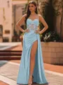 Elegant Sheath Spaghetti Straps Appliques Lace Sweep Train Silk Like Satin Corset Prom Dress