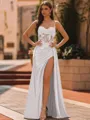 Elegant Sheath Spaghetti Straps Appliques Lace Sweep Train Silk Like Satin Corset Prom Dress