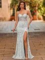 Exquisite Sheath Spaghetti Straps Appliques Lace Sweep Train Lace Corset Prom Dress