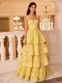 Trendy A-Line Straps Cascading Ruffles Sweep Train Corset Prom Dress