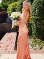 Hot Sheath Straps Sweep Train Silk Like Satin Corset Prom Dress