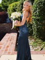 Hot Sheath Straps Sweep Train Silk Like Satin Corset Prom Dress
