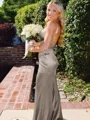 Hot Sheath Straps Sweep Train Silk Like Satin Corset Prom Dress