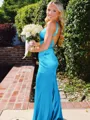 Hot Sheath Straps Sweep Train Silk Like Satin Corset Prom Dress