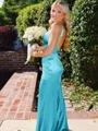 Hot Sheath Straps Sweep Train Silk Like Satin Corset Prom Dress