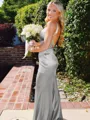 Hot Sheath Straps Sweep Train Silk Like Satin Corset Prom Dress