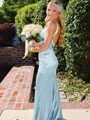 Hot Sheath Straps Sweep Train Silk Like Satin Corset Prom Dress