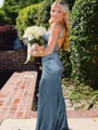 Hot Sheath Straps Sweep Train Silk Like Satin Corset Prom Dress