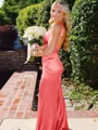 Hot Sheath Straps Sweep Train Silk Like Satin Corset Prom Dress