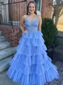 Gorgeous A-Line Spaghetti Straps Cascading Ruffles Sweep Train Tulle Corset Prom Dress