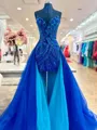 Fashion-forward Sheath V-Neck Sequin Sweep Train Tulle Corset Prom Dress