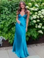 Glamorous Sheath Spaghetti Straps Beading Floor-Length Silk Like Satin Prom Dress