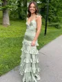 Gorgeous Sheath V-Neck Cascading Ruffles Floor-Length Silk Like Satin Prom Dress