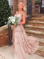 Luxurious A-Line Straps Ruffles Sweep Train Chiffon Prom Dress