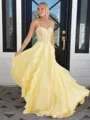 Striking A-Line Spaghetti Straps Sequin Sweep Train Chiffon Corset Prom Dress