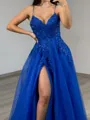 Perfect A-line V-Neck Appliques Lace Sweep Train Tulle Corset Prom Dress