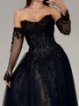 Hot A-line Straight Long Sleeves Appliques Lace Sweep Train Tulle Corset Prom Dress
