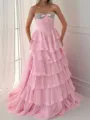 Elegant A-line Sweetheart Cascading Ruffles Sweep Train Chiffon Corset Prom Dress