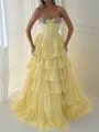 Elegant A-line Sweetheart Cascading Ruffles Sweep Train Chiffon Corset Prom Dress