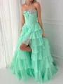 Elegant A-line Sweetheart Cascading Ruffles Sweep Train Chiffon Corset Prom Dress