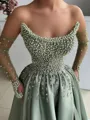 Stunning A-line Straight Long Sleeves Beading Floor-Length Silk Like Satin Corset Prom Dress