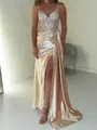 Breathtaking Sheath Straps Sequin Sweep Train Silk Like Satin Corset Prom Dress