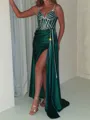 Breathtaking Sheath Straps Sequin Sweep Train Silk Like Satin Corset Prom Dress