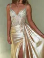 Breathtaking Sheath Straps Sequin Sweep Train Silk Like Satin Corset Prom Dress