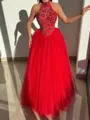 Mesmerizing A-line Halter Beading Floor-Length Tulle Corset Prom Dress