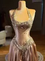 Unforgettable A-line Halter Sequin Sweep Train Silk Like Satin Prom Dress