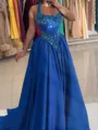 Fashion-forward A-line Halter Sequin Sweep Train Silk Like Satin Prom Dress