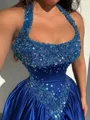 Fashion-forward A-line Halter Sequin Sweep Train Silk Like Satin Prom Dress