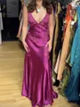 Classy Sheath V-Neck Appliques Lace Sweep Train Silk Like Satin Prom Dress