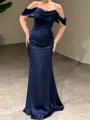 Hermosos Sheath Off-the-Shoulder Pleated Sweep Train Silk Like Satin Corset Prom Dress