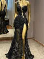 Glam Sheath One-Shoulder Appliques Lace Floor-Length Tulle Prom Dress