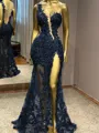 Glam Sheath One-Shoulder Appliques Lace Floor-Length Tulle Prom Dress