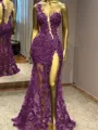 Glam Sheath One-Shoulder Appliques Lace Floor-Length Tulle Prom Dress