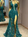 Glam Sheath One-Shoulder Appliques Lace Floor-Length Tulle Prom Dress
