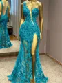 Glam Sheath One-Shoulder Appliques Lace Floor-Length Tulle Prom Dress