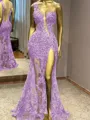 Glam Sheath One-Shoulder Appliques Lace Floor-Length Tulle Prom Dress