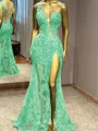 Glam Sheath One-Shoulder Appliques Lace Floor-Length Tulle Prom Dress