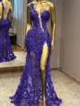 Glam Sheath One-Shoulder Appliques Lace Floor-Length Tulle Prom Dress