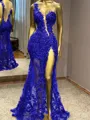Glam Sheath One-Shoulder Appliques Lace Floor-Length Tulle Prom Dress