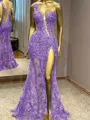 Glam Sheath One-Shoulder Appliques Lace Floor-Length Tulle Prom Dress