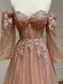 Pretty A-line Sweetheart Long Sleeves Appliques Lace Sweep Train Tulle Corset Prom Dress