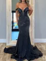 Exquisite Sheath Off-the-Shoulder Sweep Train Silk Like Satin Prom Dress