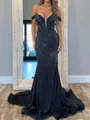 Exquisite Sheath Off-the-Shoulder Sweep Train Silk Like Satin Prom Dress